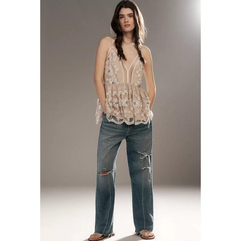 Anthropologie Let Me Be Sheer Embellished Tank Top XS NWT Beaded Lace Sequin